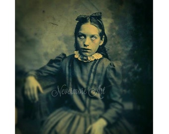 Halloween Creepy Girl Photo Victorian  Horror Altered Art Glowing Eyes Cabniet Card Scary Child Instant Download Ephemera Scrapbook Card