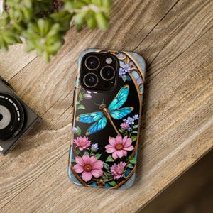 Custodia per telefono resistente con libellula e fiore primaverile Custodia per telefono in finto vetro colorato Art Nouveau per iPhone 16 15 14 13 12 11 Galaxy S24 S23 S22 e altro