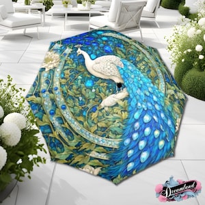 Blue Boho Umbrella Cottagecore Peacock Nouveau Flower Parasol Semi-Automatic Waterproof Foldable Umbrella