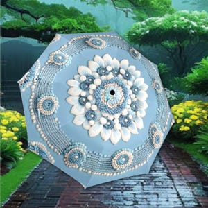 Guarda-chuva azul com contas falsas de inspiração vitoriana, semiautomático, à prova d&#39;água e dobrável