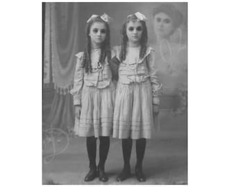 Ghost Photo Victorian Children Twins Vintage Printable Black Eyed Children Girl Art Halloween Creepy Download Wall Art Scrapbook Card