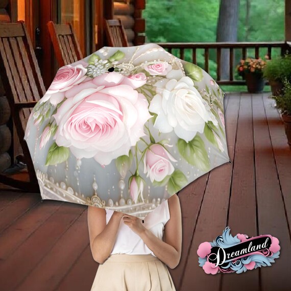 Pink Rose Umbrella Flower Floral Victorian Style Printed