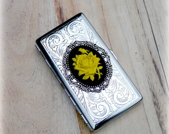 Yellow Rose Cigarette Case Silver Business Card Holder Victorian Style Pastel Goth Ladies 100s Cigarette Card Money Holder Gothic