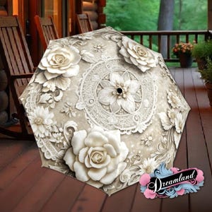 Beige Cream Flower Umbrella Art Nouveau Printed Floral Parasol Semi-Automatic Waterproof Foldable Umbrella