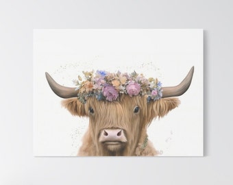 Minimalist Highland Scottish Cow Wall Art Farmhouse Canvas Watercolor Painting Wall Decor Flower Crown Small And Large Size Frame Print