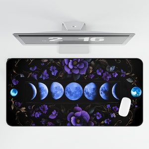 Moon Phase Desk Mat Gothic Dark Cottagecore Purple Blue Celestial Unique Gift Academia Mouse Pad