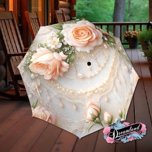 Peach Rose Umbrella Flower Floral Victorian Style Printed Faux Lsce Parasol Semi-Automatic Waterproof Foldable Umbrella