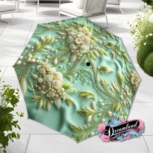 Green Umbrella Flower Art Nouveau Unique Style Printed Faux Flower Beads Parasol Semi-Automatic Waterproof Foldable Umbrella