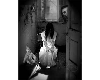 Girl Ghost Victorian Clown Printable Photo Horror Asylum Art Photo Halloween Creepy Weird Scary Child Instant Download Ephemera