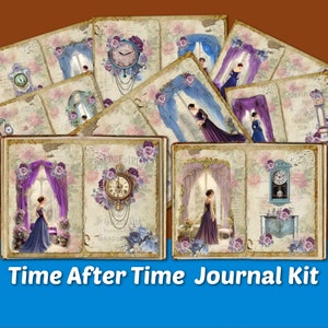 Victorian Junk Journal Printable Kit Windows Clocks Time After Time Lined Shabby Pages Blue Purple Vintage Ephemera Paper Digital Download