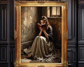 Dark Academia Painting Print Victorian Girl Reading In Library Wall Art Print Oil Painting Print Dark Moody Wall Art