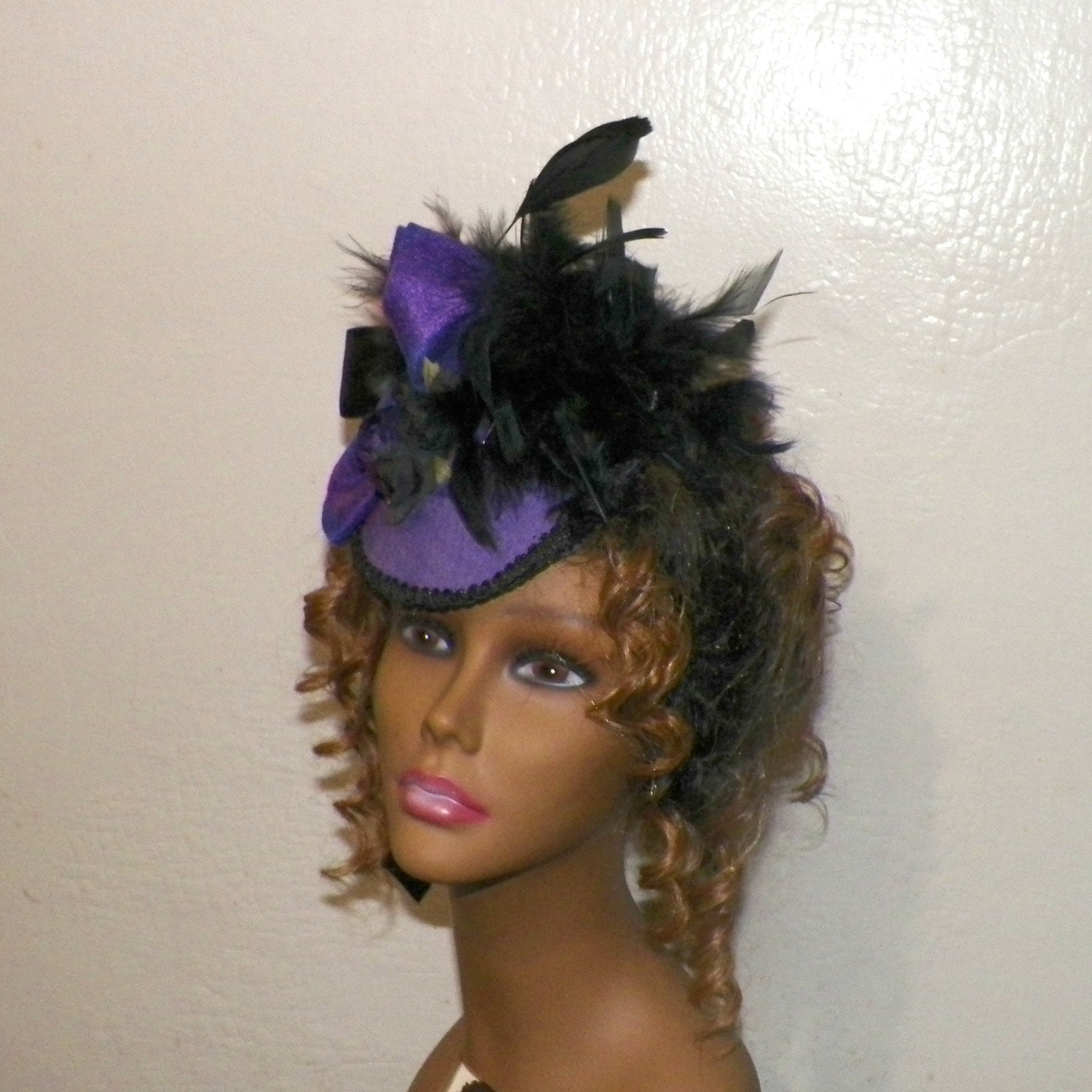 Purple Victorian Hat Fascinator Gothic Black Feather Steampunk