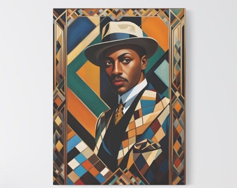 Art Deco Canvas Wall Art Print Black Man Portrait 1920s Gatsby Style African American Home Decor Geometric Lines Modern Abstract Poster