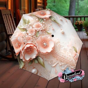 Peach Sakura Umbrella Flower Floral Victorian Style Printed Faux Lace Parasol Semi-Automatic Waterproof Foldable Umbrella