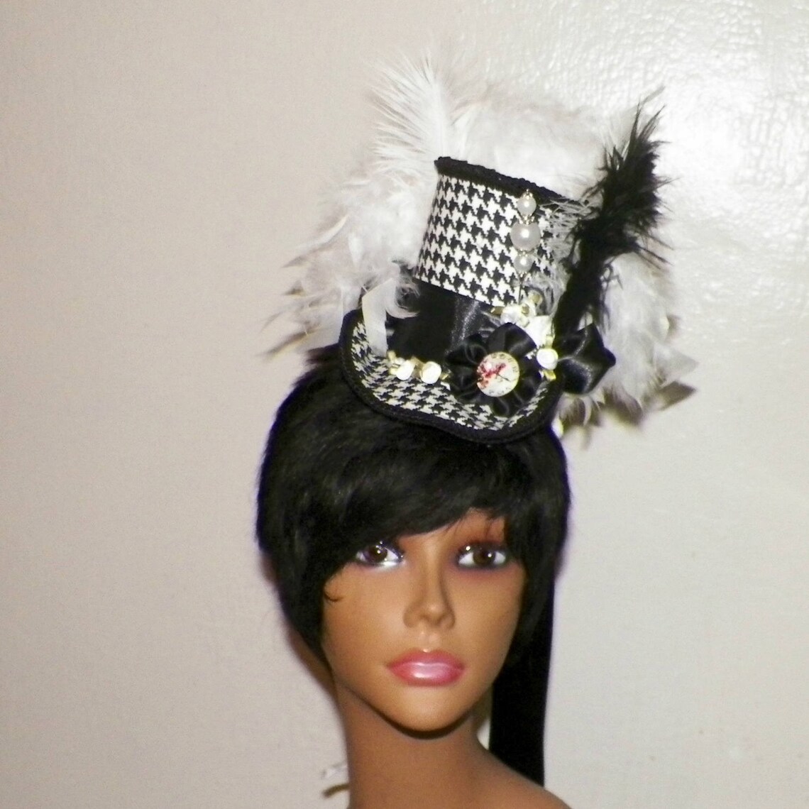 Mini Top Hat Fascinator Black While Tea Party Steampunk Gothic Etsy
