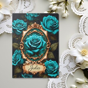 Softcover Journal Gothic Personalized Teal Roses Writers Notebook Dark Academia Gothic Poem Inside Custom Witchy Gift Dream Journal