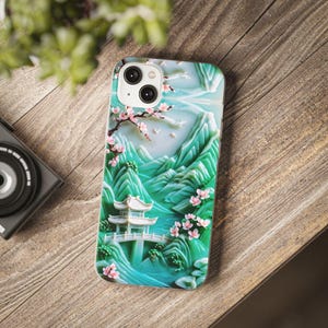 Asian Jade Carving Phone Case Flexi iphone Sakura Flowers Landscape iphone 15 14 13 12 11 Samsung S23 S22 S21 Galaxy And More