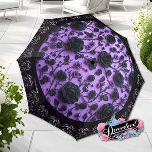 Gothic Purple Black Umbrella Flower Roses Romantic Art Nouveau Floral Faux Printed Lace Parasol Semi-Automatic Waterproof Foldable Umbrella