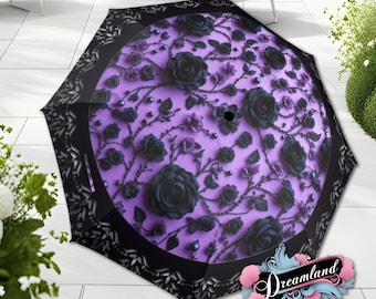 Gothic Purple Black Umbrella Flower Roses Romantic Art Nouveau Floral Faux Printed Lace Parasol Semi-Automatic Waterproof Foldable Umbrella