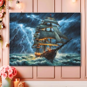 Storm At Sea Oil Painting Canvas Print Nautical Seascape Ships Wall Art Moody Dark Academia Large Size Framed Canvas Print