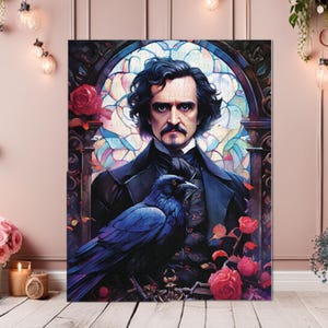 Edgar Allan Poe Jigsaw Puzzle with Tin Faux Stained Glass Raven Gothic Roses 252 500 1000 2000 Pieces And More