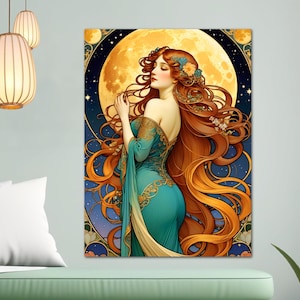Art Nouveau Poster Print Boho Lady Goddess Mucha Inspired Moon Above Wall Art New Art Nouveau Bohemion Home Decor