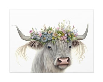 Gray Scottish Highland Cow Farmhouse Canvas Wall Art Cow Wall Decor Flower Crown Small And Large Size Frame Print