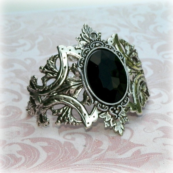 Victorian Bracelet Gothic Black Silver Cuff Wide Goth Victorian Vintage Sterling Statement Steampunk Cosplay Costume Gothic Antique Style