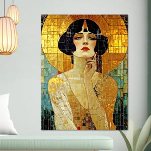 Art Nouveau Metal Art Poster Faux Mosaic Mucha Klimt Inspired Woman Portait Wall Art Painting Print