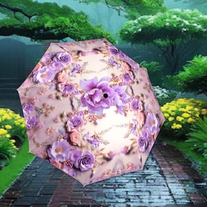 Pink Purple Romantic Umbrella Sakura Japanese Inspired Flowers And Pearls Parasol Semi-Automatic Waterproof Foldable Umbrella