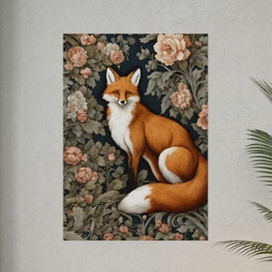Fox William Morris Inspired Print Poster Cottagecore Forestcore Fox In Forest Botanical Floral Wall Art Home Decor