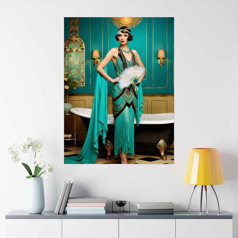 Art Deco Teal Bathroom Print Gatsby Girl Poster Retro Powder Room Wall