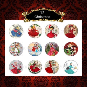 Christmas Retro Circles Vintage Skaters Carolers Printable For 2.5 Inch Gift Tags Cupcake Party Ornaments Scrapbooking  Digital Download
