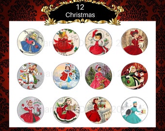 Christmas Retro Circles Vintage Skaters Carolers Printable For 2.5 Inch Gift Tags Cupcake Party Ornaments Scrapbooking  Digital Download