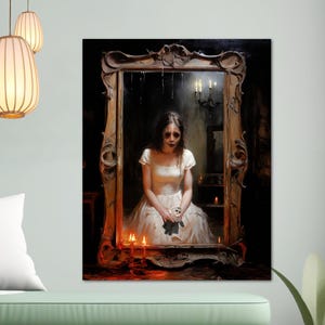 Haunted Painting Demon GIrl Print Victorian Dark Academia Canvas Halloween Ghost Wall Art Decor Dark Moody Large Size Framed Canvas Print