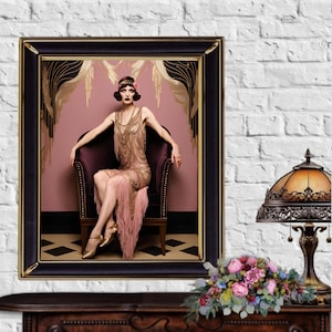 Pink Gatsby Girl Poster Print Art Deco Wall Art Old Hollywood Glamour Gatsby Retro Poster 1920s Flapper Wall Art