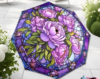Purple Peonies Romantic Umbrella Victorian Inspired Faux Stained Glass Flower Parasol Semi-Automatic Waterproof Foldable Umbrella
