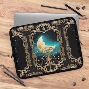 Laptop Case Art Nouveau Crescent Moon Stars Celestial Stars Witchy Black Gold Dark Academia Sleeve 13 15 17 Inches Ipad Air Macbook