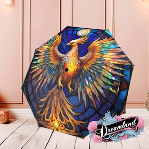 Stained Glass Umbrella Moonlight Phoenix Parasol Semi-Automatic Waterproof Foldable Umbrella