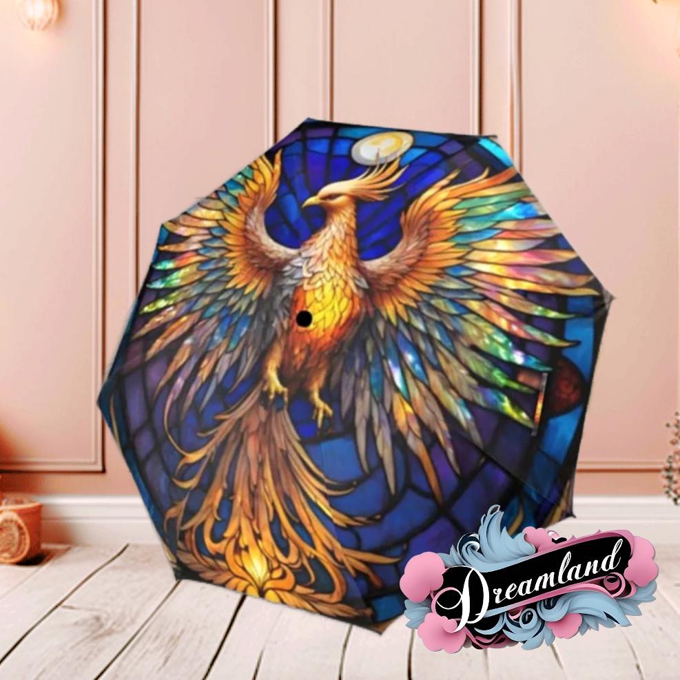 Stained Glass Umbrella Moonlight Phoenix Parasol Semi-Automatic Waterproof Foldable Umbrella