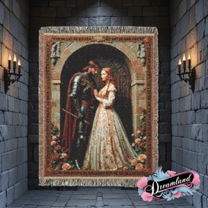 Knight and Lady Medieval Woven Blanket Tapestry Wall Hanging Dark Academia Throw Forest Romantic Cottagecore Fantasy Art Decor