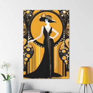 Art Deco Wall Art Canvas Poster Print Living Room Gatsby Inspired Painting Mid Century Lady Gold Black