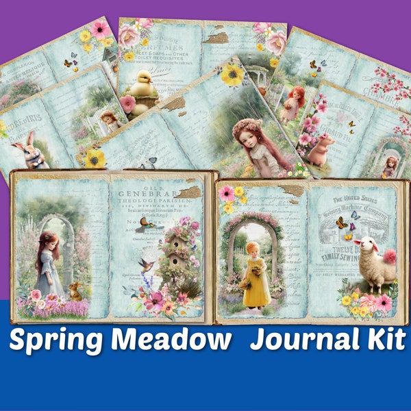 Printable Spring Meadow Journal Kit Pages Rabbit Birds Flowers Bunny Junk Vintage Easter Shabby Paper Supplies Ephemera Digital Download