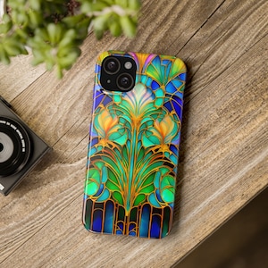 Art Nouveau Slim Phone Case Stained Glass Flower Colorful Floral Retro Design iPhone 13 14 15 Galaxy S21 S22 S23 And More