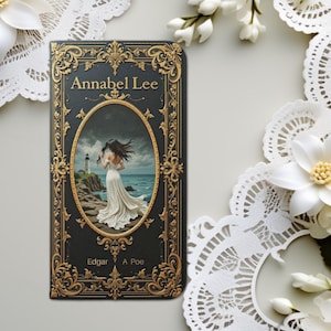 Funda para teléfono tipo cartera con diseño de libro de Annabel Lee, Edgar Allan Poe, estilo gótico brujo y oscuro, con tapa y tarjetero, compatible con iPhone 16, 15, 14, Galaxy S22 y más.