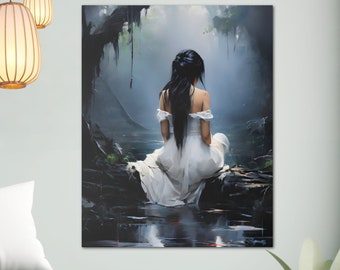 Frau in weißer Leinwand dunkel launisch viktorianischen Ölgemälde Druck dunkel Academia Gothic Ästhetik Lady in See dunkel Cottagecore Wandkunst