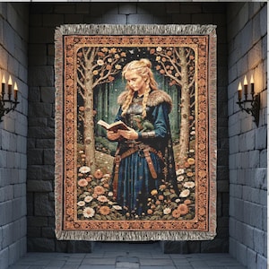 Lady Knight Medieval Tapestry Woven Blanket Wall Hanging Dark Academia Throw Fairycore Forest Wall Folk Cottagecore Fantasy Art Decor