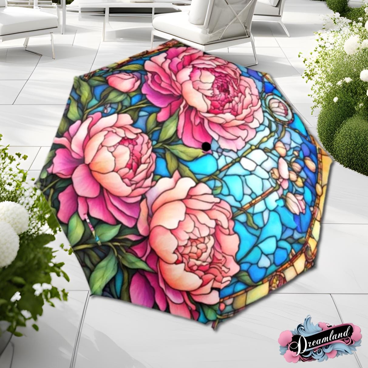 Pivoines roses parapluie romantique inspiration victorienne faux vitrail fleur parasol semi-automatique imperméable pliable