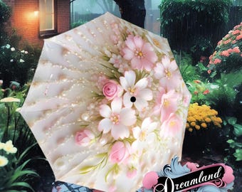 Pink Romantic Umbrella Sakura Japanese Inspired Flowers And Pearls Parasol Semi-Automatic Waterproof Foldable Umbrella