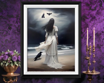Oil Painting Print Dark Academia Annabel Lee Edgar Allan Poe Inspired Nocturne Painting Dark Victorain Dark Moody Wall Art